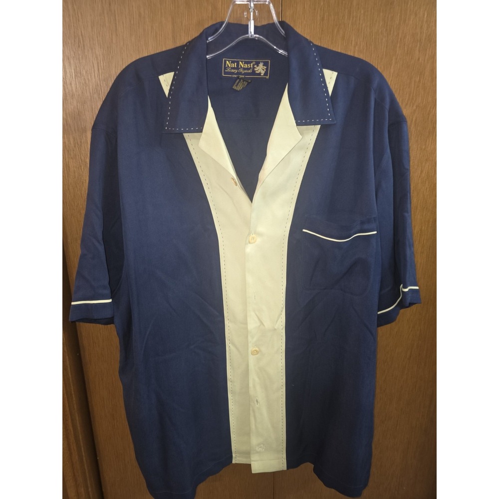 NATNAST Short-sleeved‎ silk shirt Size: L Navy x Cream
